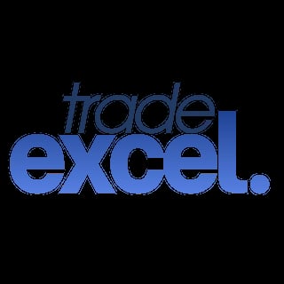 Trade Excel logo in blue text on black background